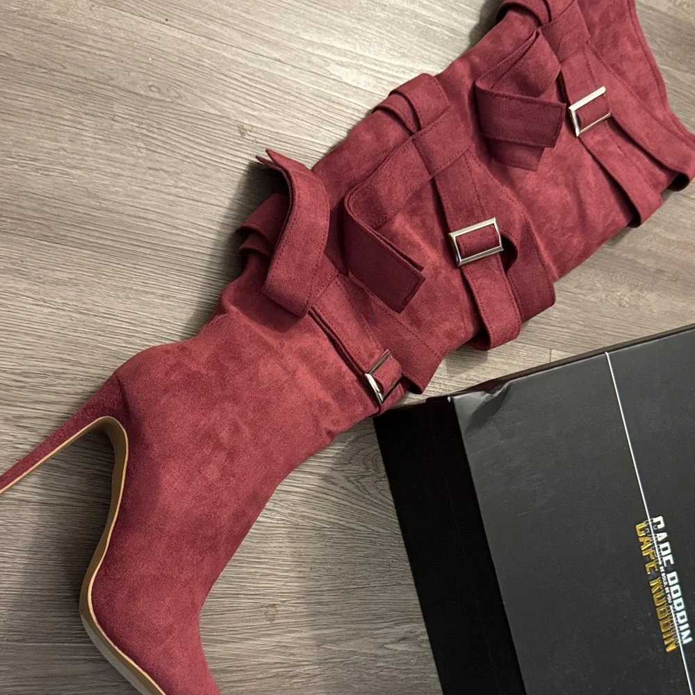 CAPE ROBBIN 🔥 Katey Buckle Suede Wrap Over-the-Knee Boots - Burgundy 🔥 Size 9